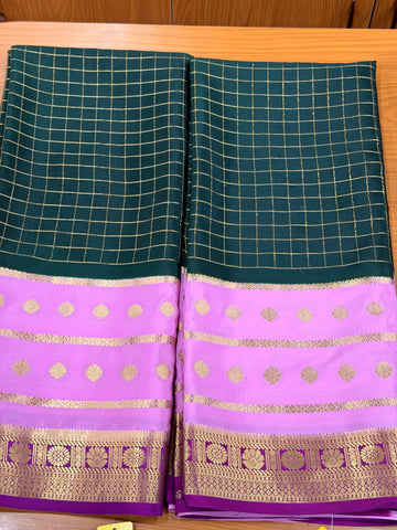 Deep green and pink purple 3d crepe Mysore silk sarees