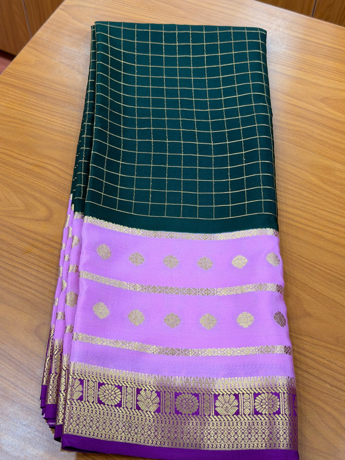 Deep green and pink purple 3d crepe Mysore silk sarees
