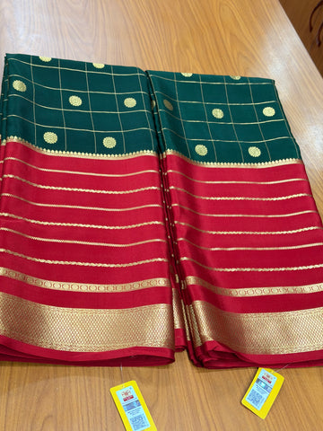 Deep green and red pure crepe Mysore silk sarees
