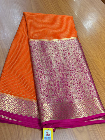 Orange and pink brocade crepe Mysore silk sarees