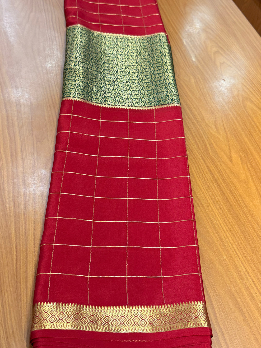 Red and green brocade pure crepe Mysore silk sarees