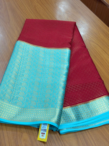 Maroon and sea blue pure brocade crepe Mysore silk sarees