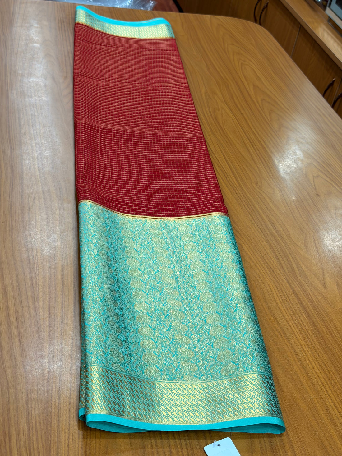 Maroon and sea blue pure brocade crepe Mysore silk sarees