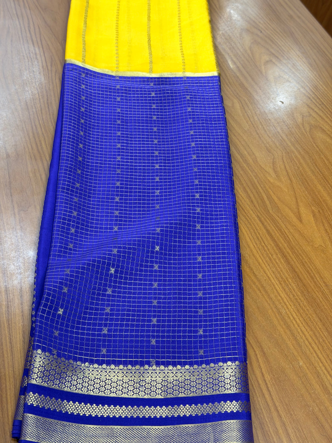 Yellow and lavender pure crepe Mysore silk sarees