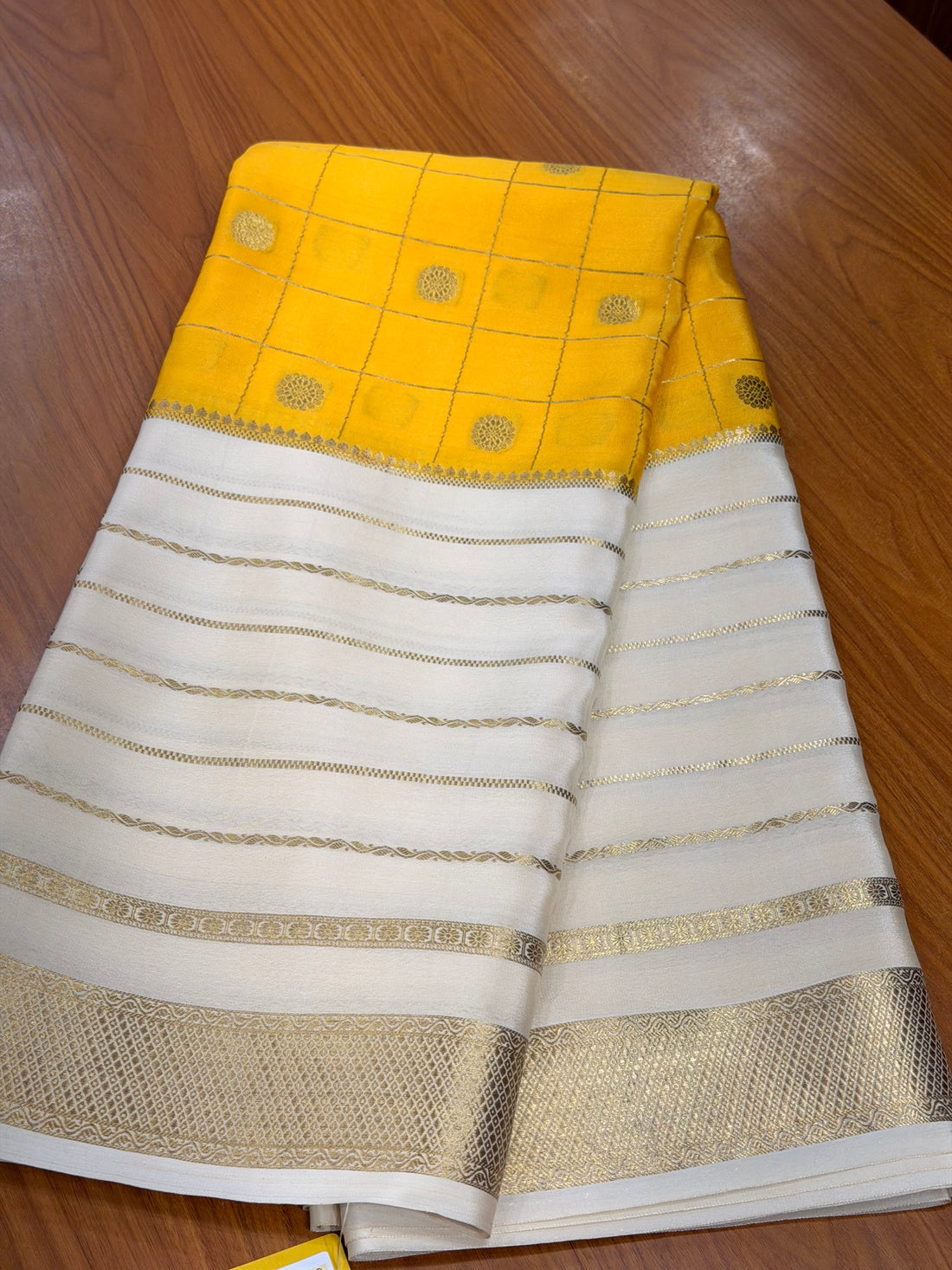 Yellow and cream pure crepe Mysore silk sarees