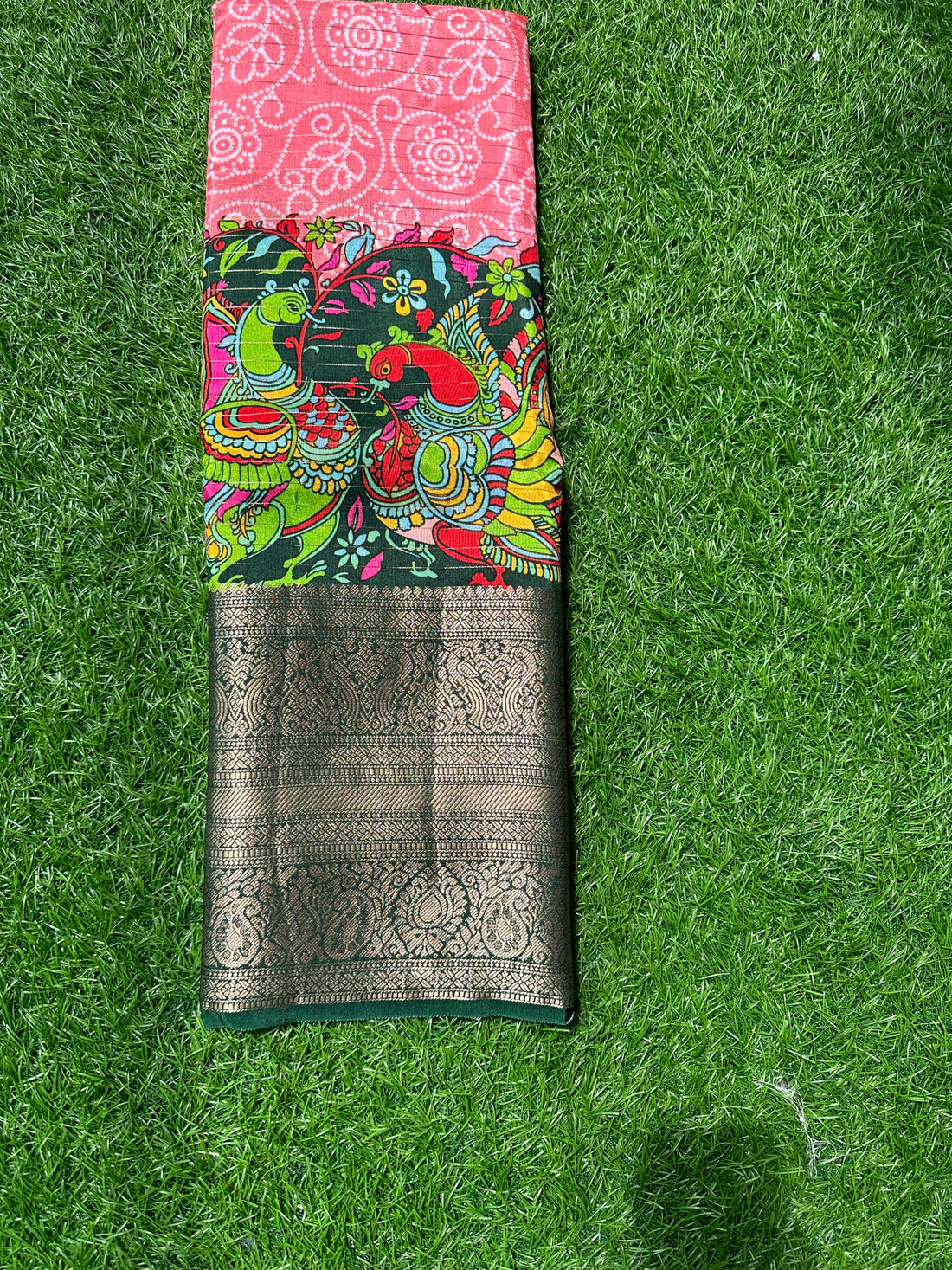 Pink and green digital kalamkari prints.