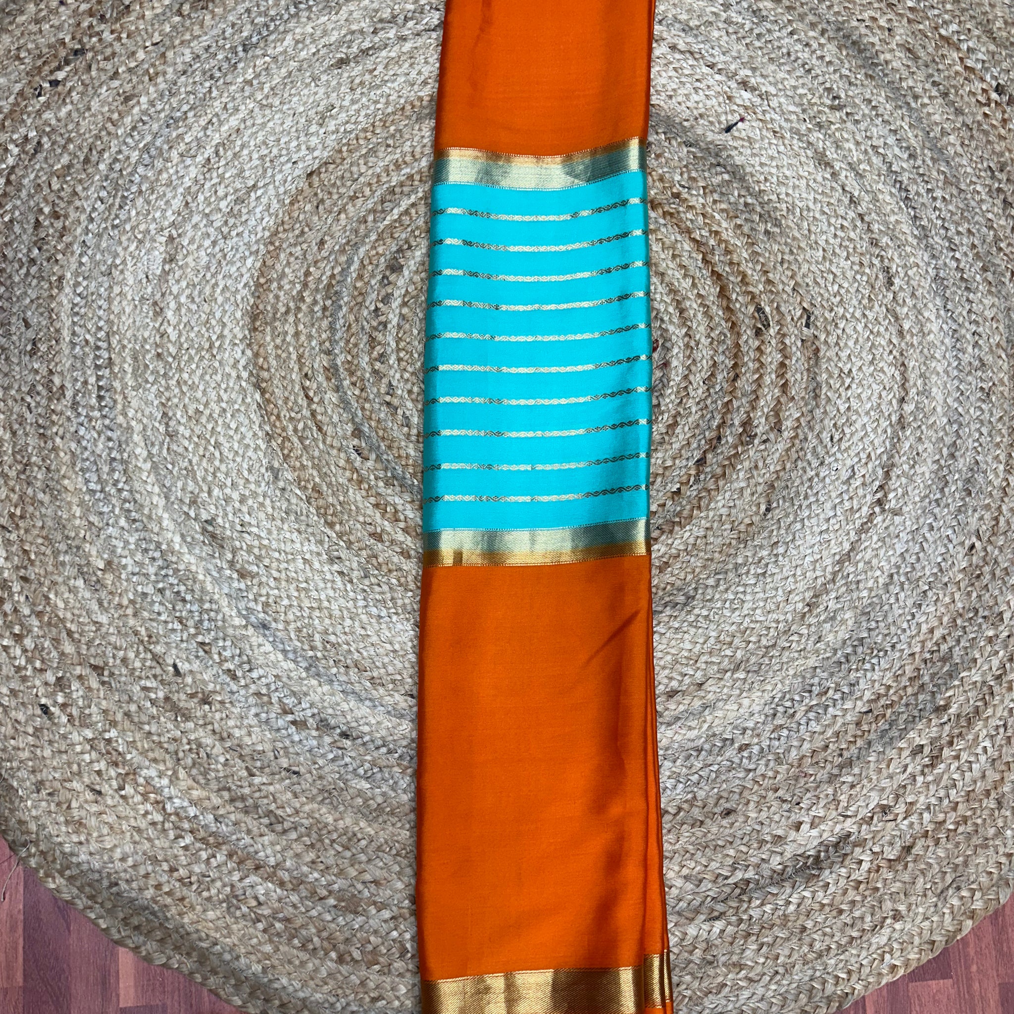 Rama blue with orange pure crepe Mysore Silk sarees