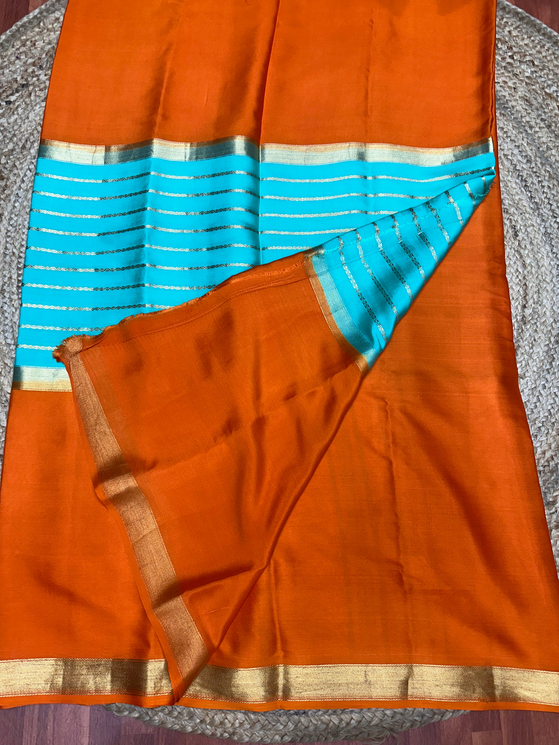 Rama blue with orange pure crepe Mysore Silk sarees