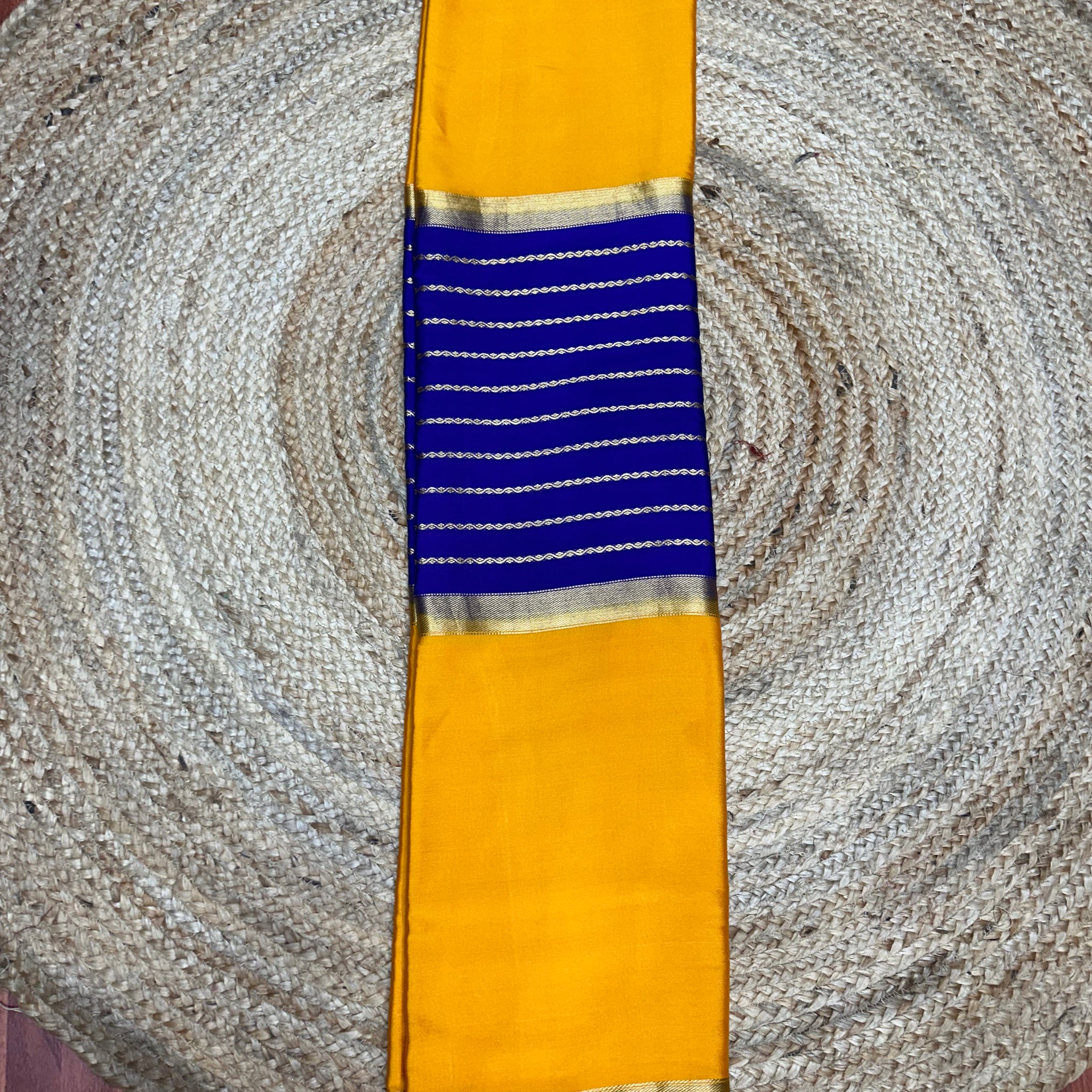 Purple with mango yellow Pure Mysore Silk crepe with central lines