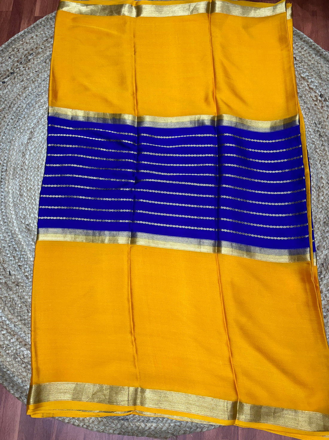 Purple with mango yellow Pure Mysore Silk crepe with central lines