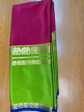 Pink and green pure crepe Mysore silk 3d with elephant border