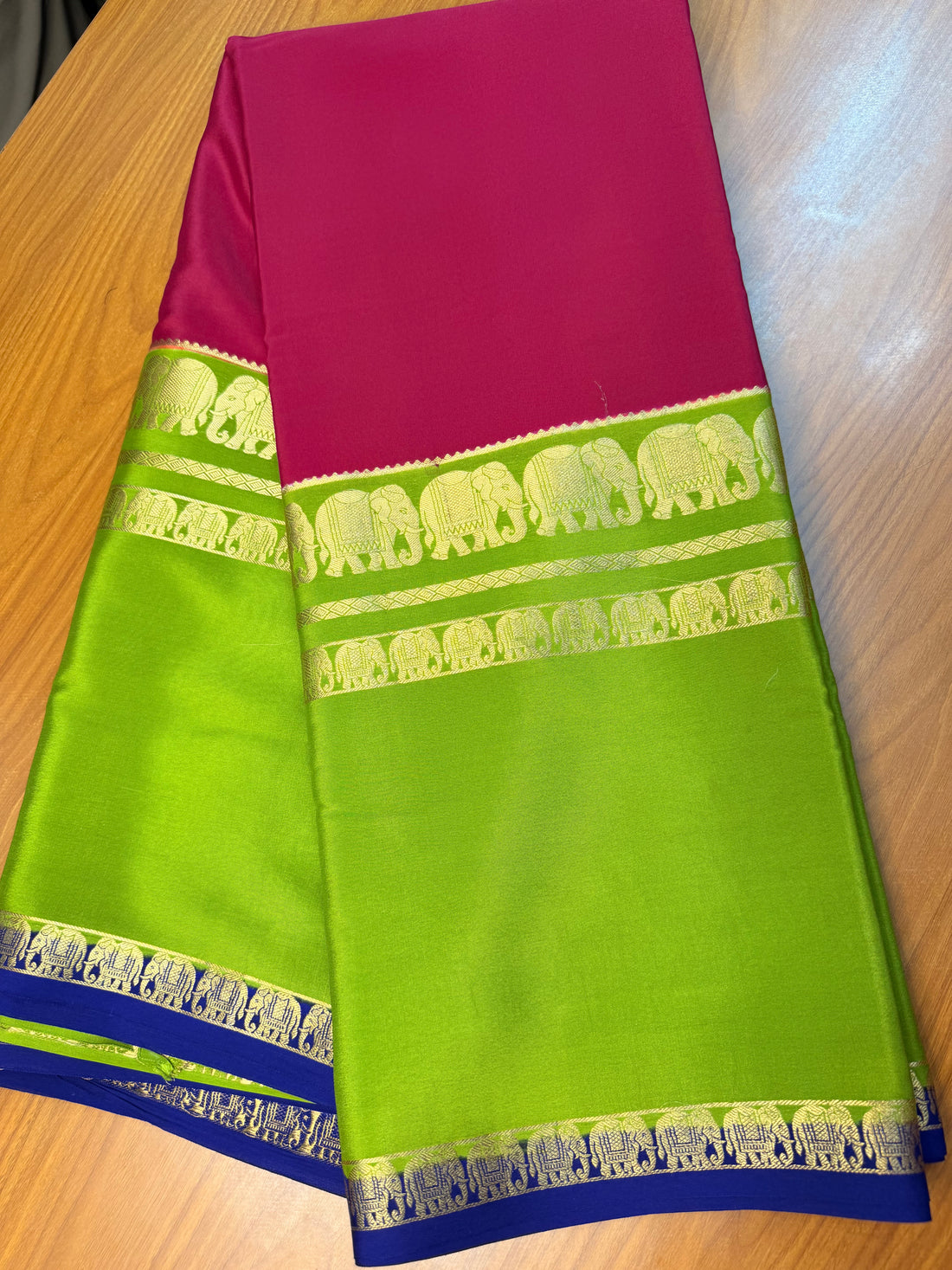Pink and green pure crepe Mysore silk 3d with elephant border
