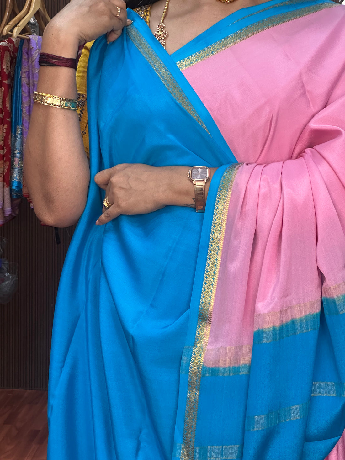 Pink and sky blue pure crepe Mysore Silk small solid border