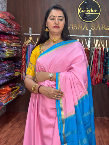 Pink and sky blue pure crepe Mysore Silk small solid border