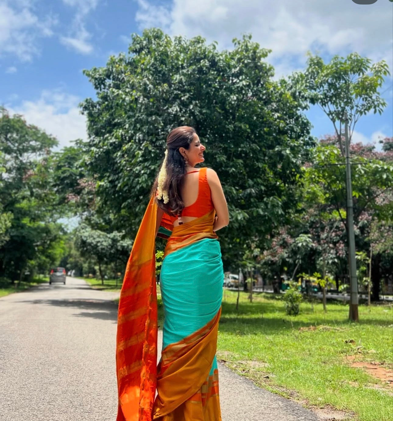 Ashika Pure crepe Mysore Silk 3d pattern teal blue and orange and mustard