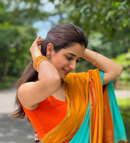 Ashika Pure crepe Mysore Silk 3d pattern teal blue and orange and mustard