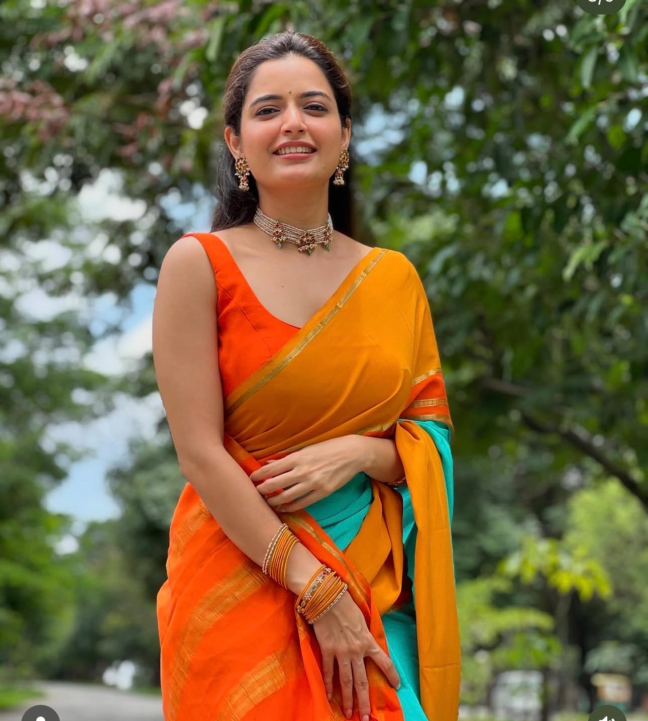 Ashika Pure crepe Mysore Silk 3d pattern teal blue and orange and mustard
