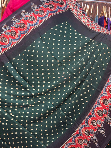 Green and red pure Ajrak modal Sarees