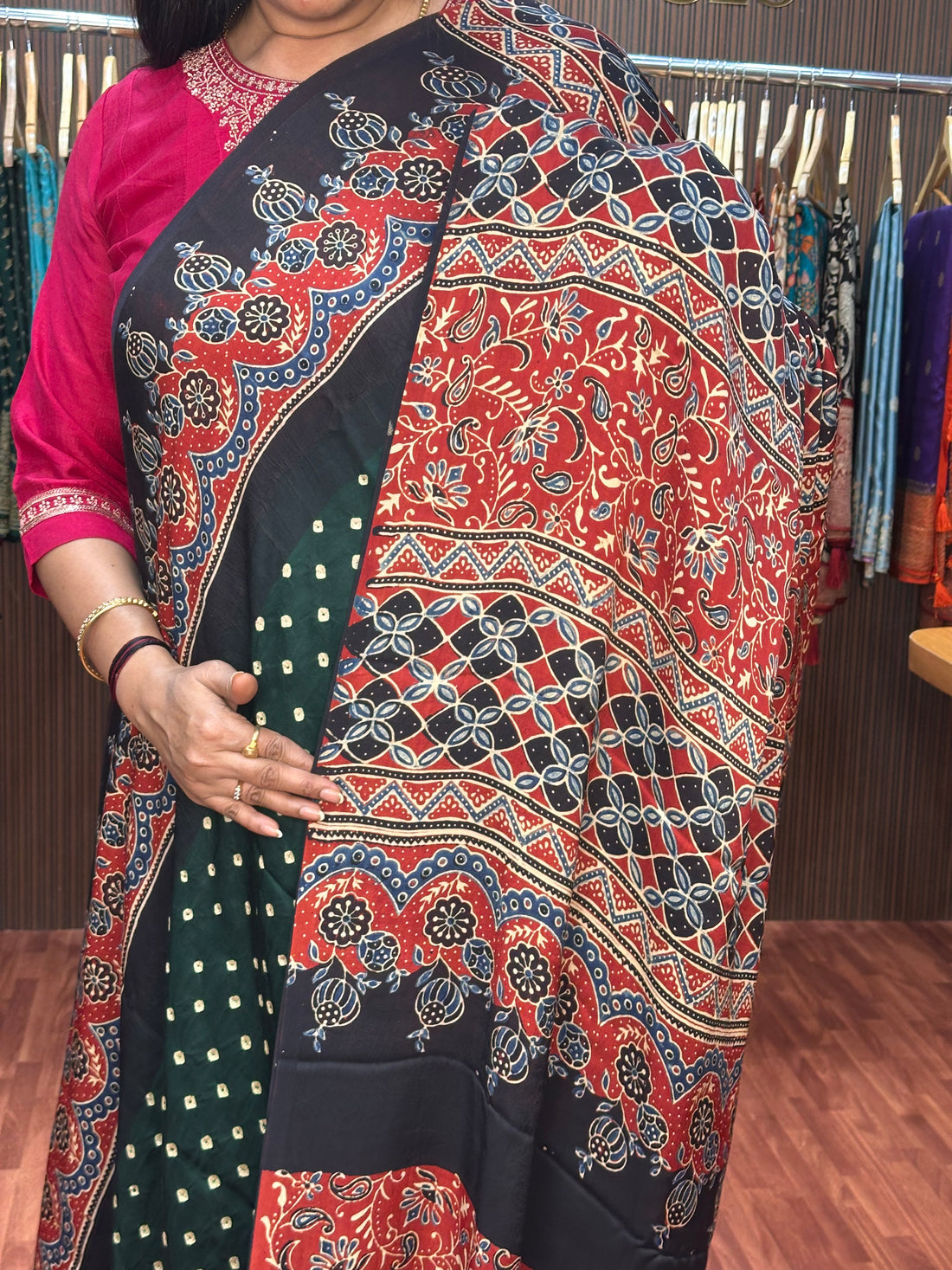 Green and red pure Ajrak modal Sarees