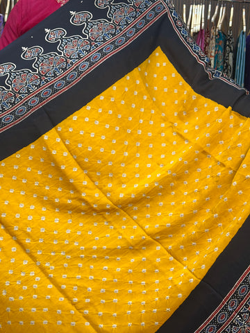 Yellow and black pure Ajrak modal Sarees