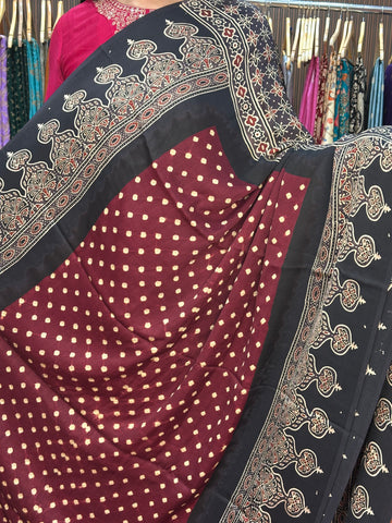 Maroon and black pure Ajrak modal Sarees