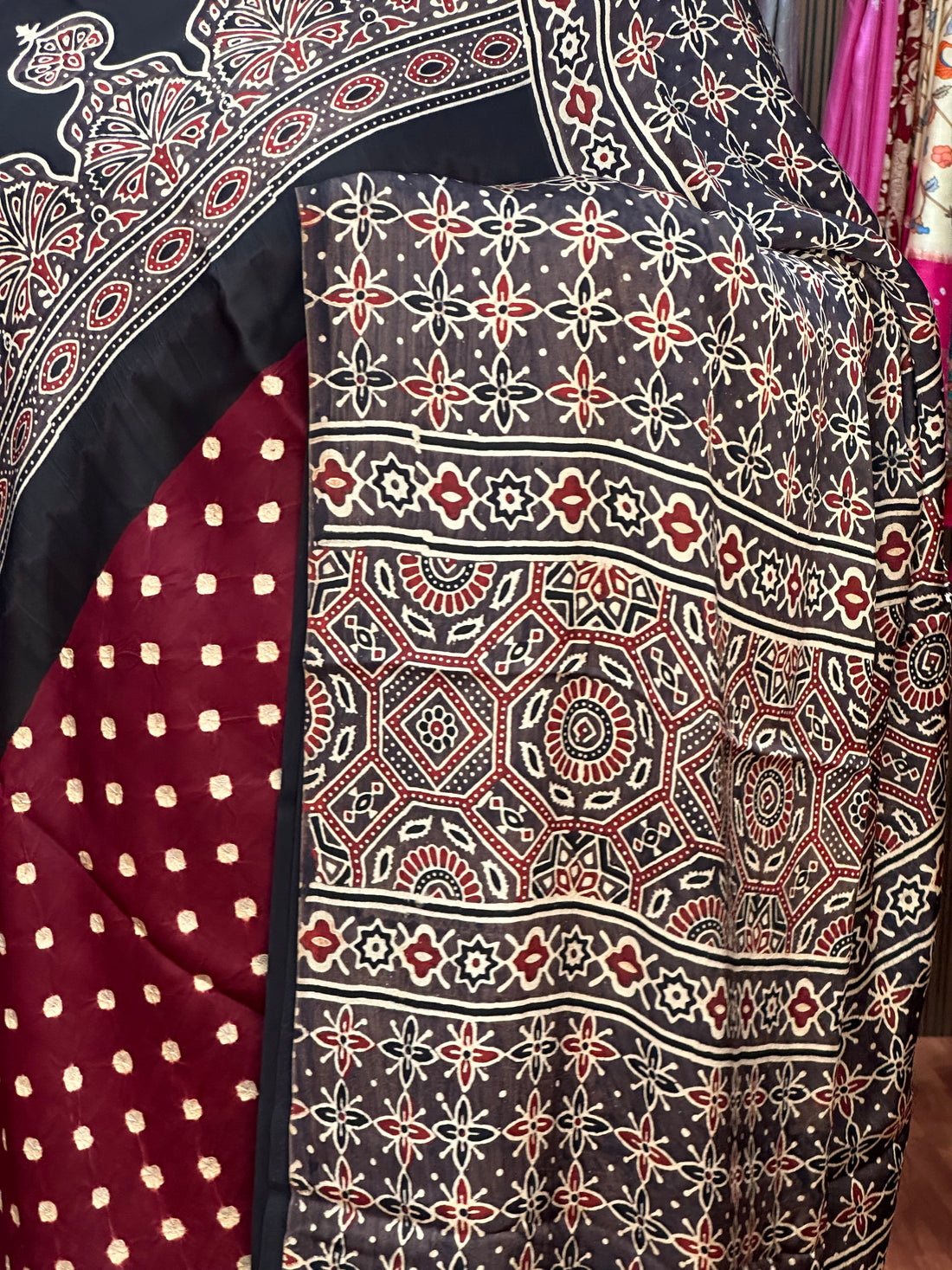 Maroon and black pure Ajrak modal Sarees