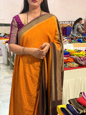 Rust orange and coffee brown with bentex border crepe Banaras