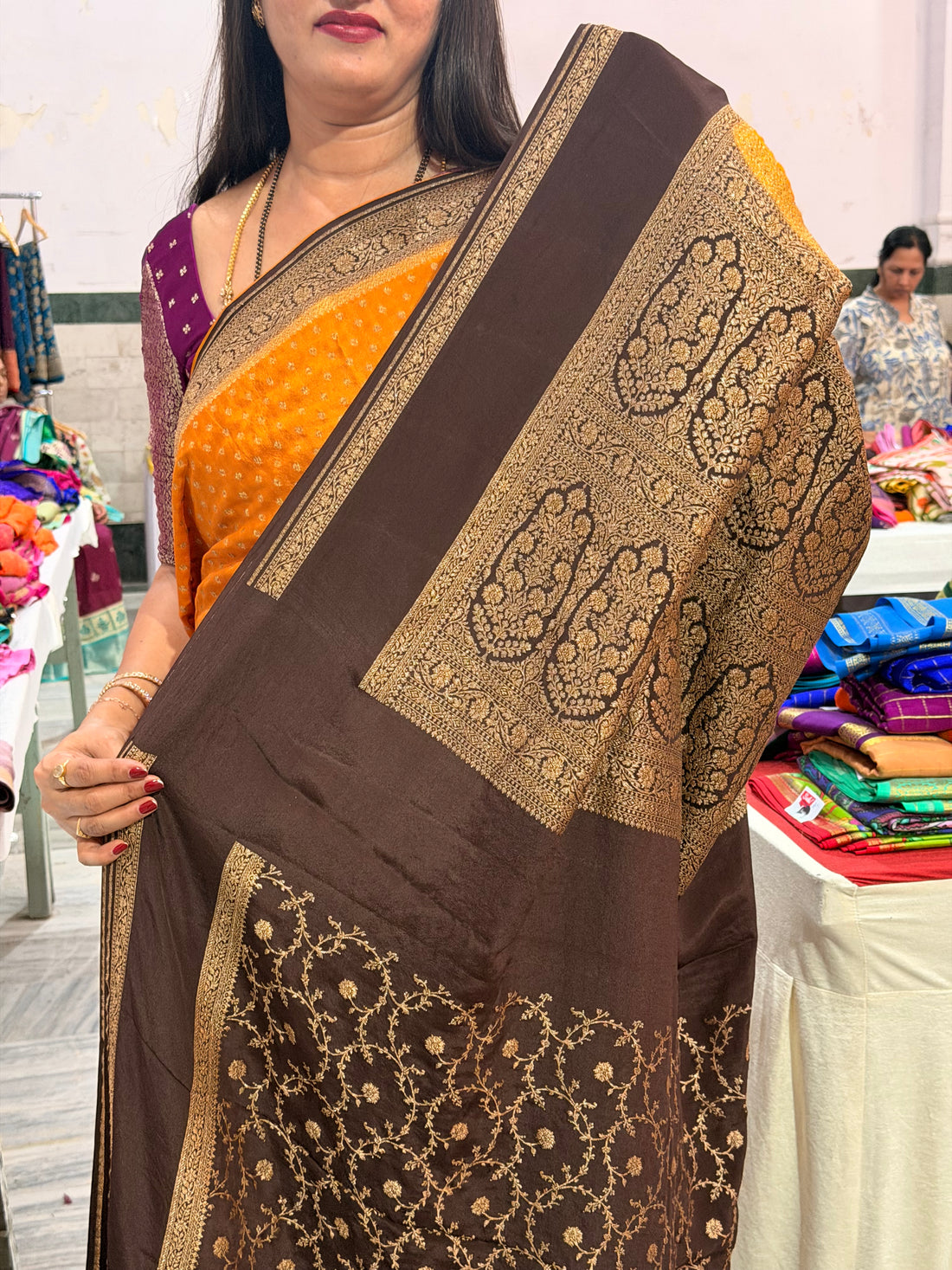 Rust orange and coffee brown with bentex border crepe Banaras