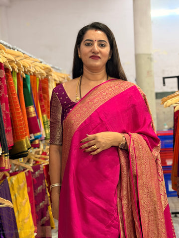 Hot pink pure crepe Banaras silk sarees