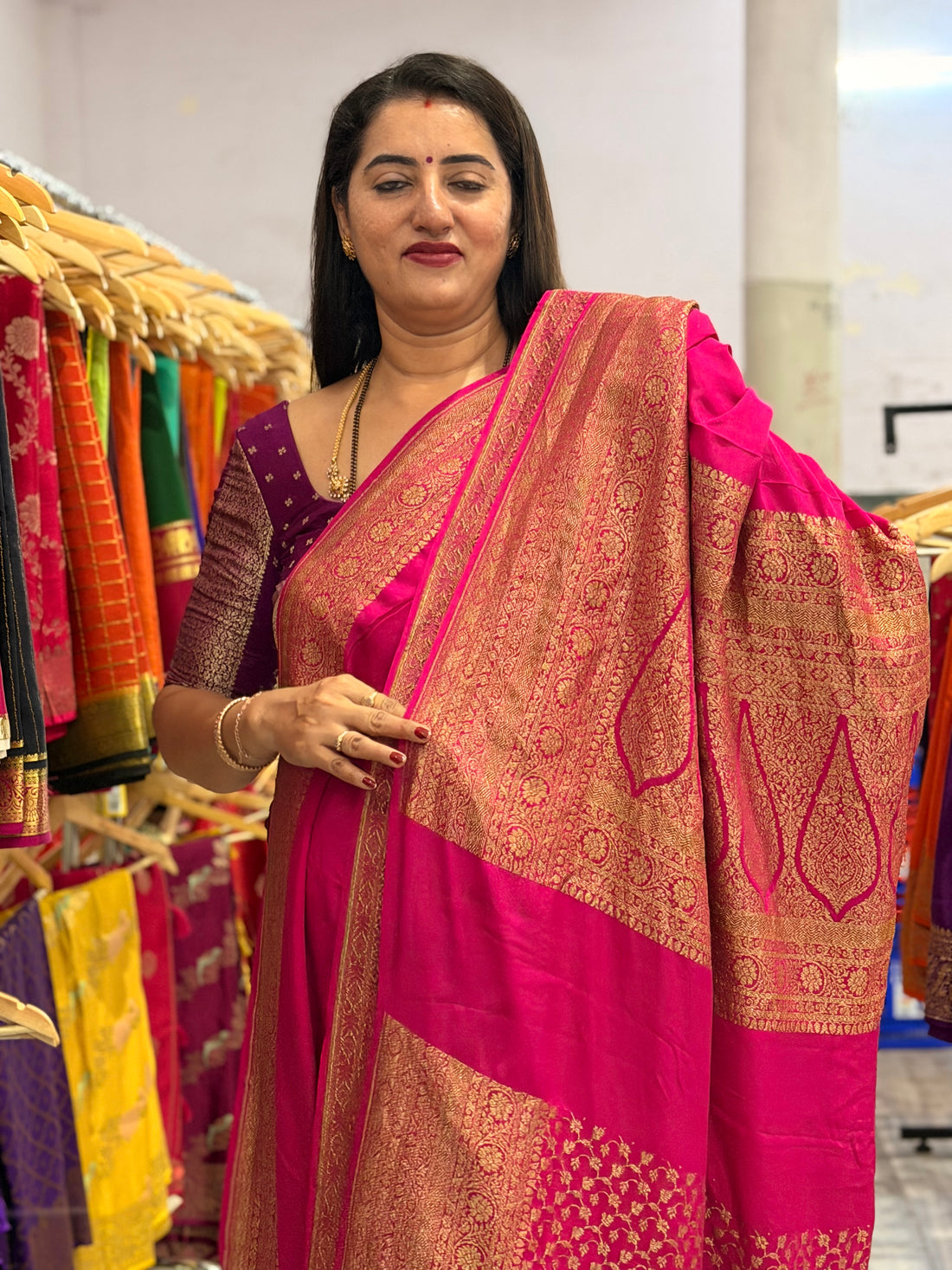 Hot pink pure crepe Banaras silk sarees