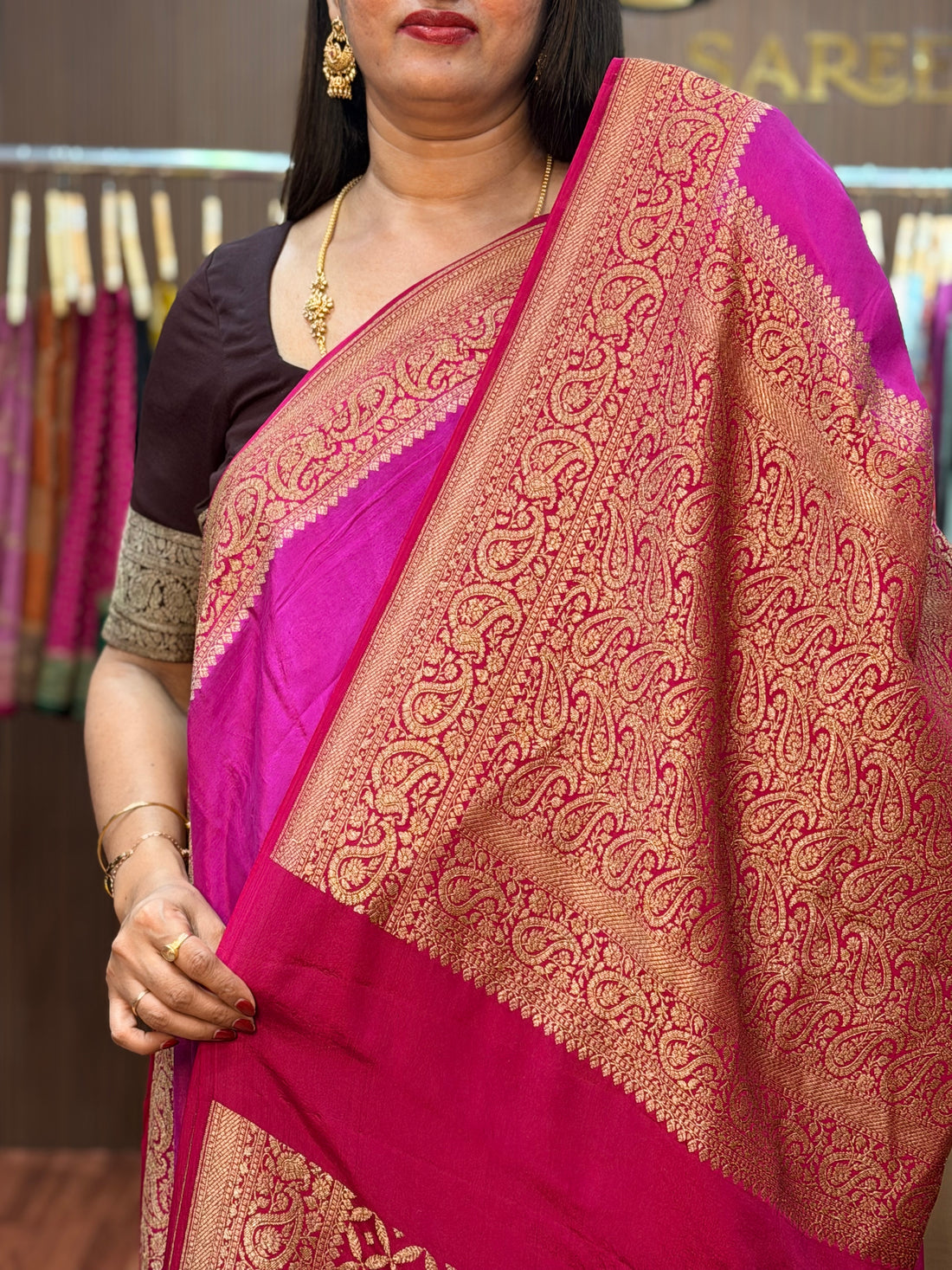 Pink and maroon pure crepe Banaras silk sarees