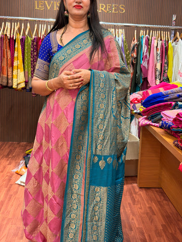 Onion pink and peacock blue pure crepe Banaras sarees