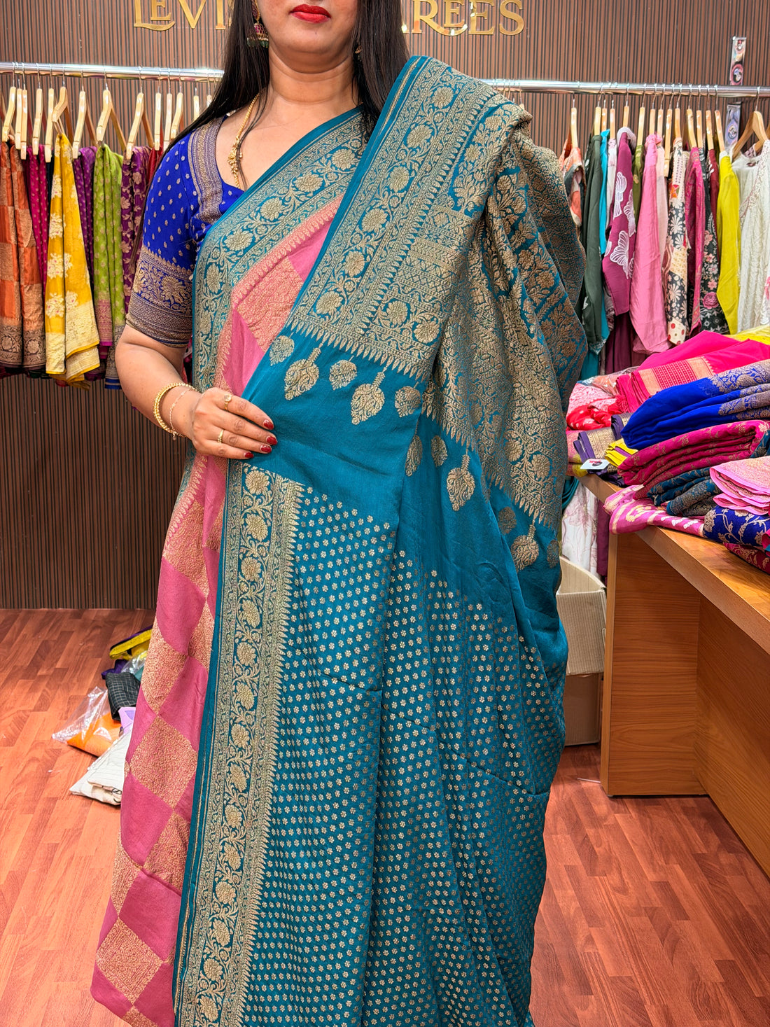 Onion pink and peacock blue pure crepe Banaras sarees