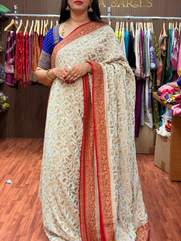 Half white and red animal motive pure khadi georgette sarees