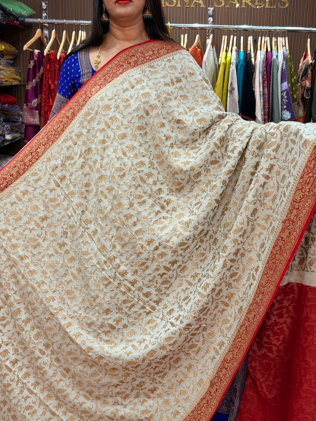 Half white and red animal motive pure khadi georgette sarees