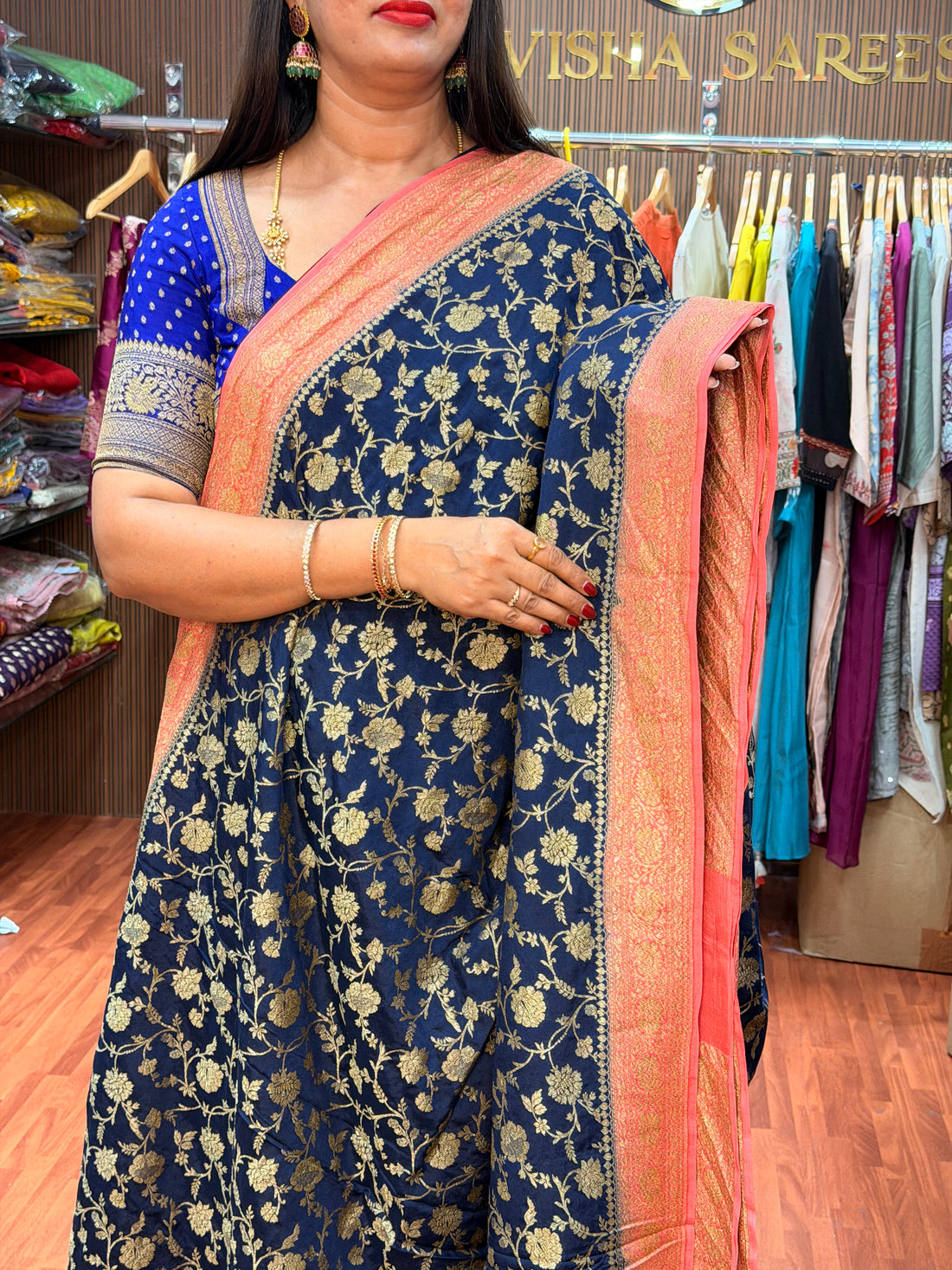 Deep blue and peachish pink pure crepe Banaras silk sarees