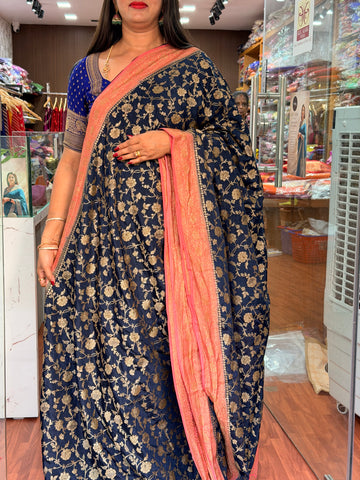 Deep blue and peachish pink pure crepe Banaras silk sarees