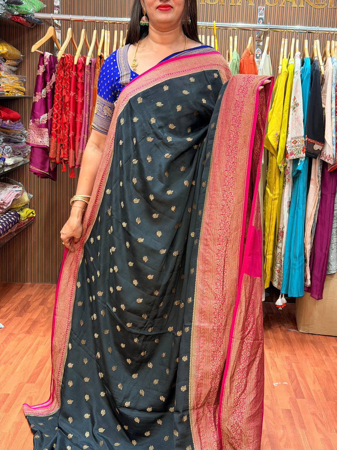 Black and pink pure crepe Banaras silk sarees