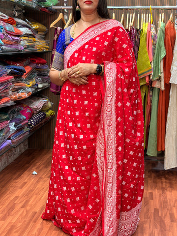 Hot red pure crepe Banaras silver woven zari
