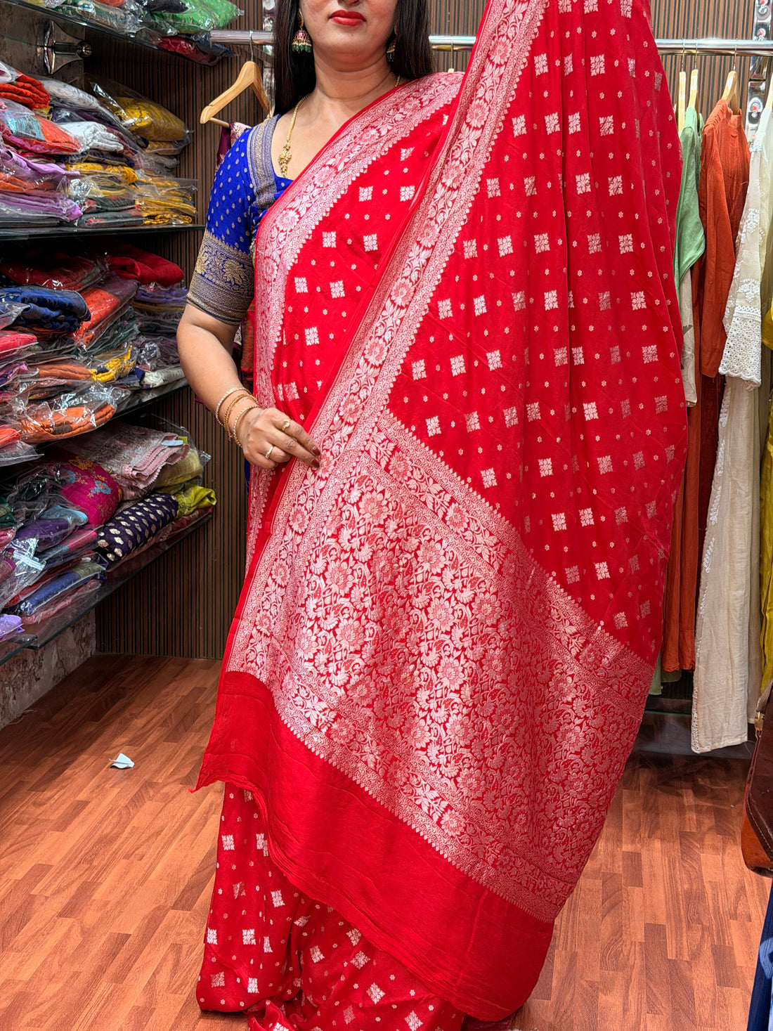 Hot red pure crepe Banaras silver woven zari