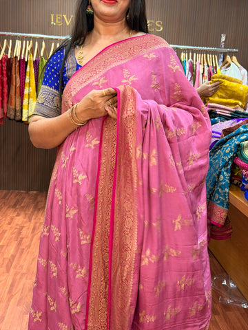 Onion pink and dark pink pure crepe Banaras silk sarees