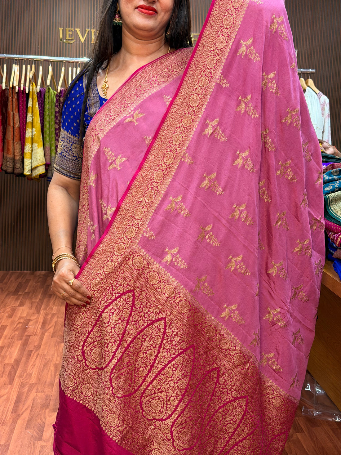 Onion pink and dark pink pure crepe Banaras silk sarees