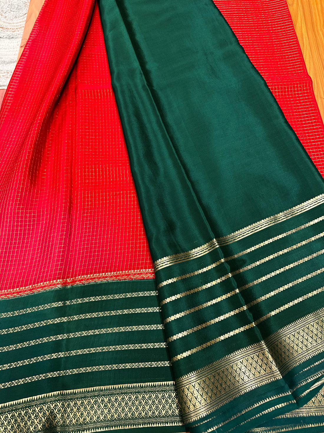 Pure Mysore silk crepe Red with green