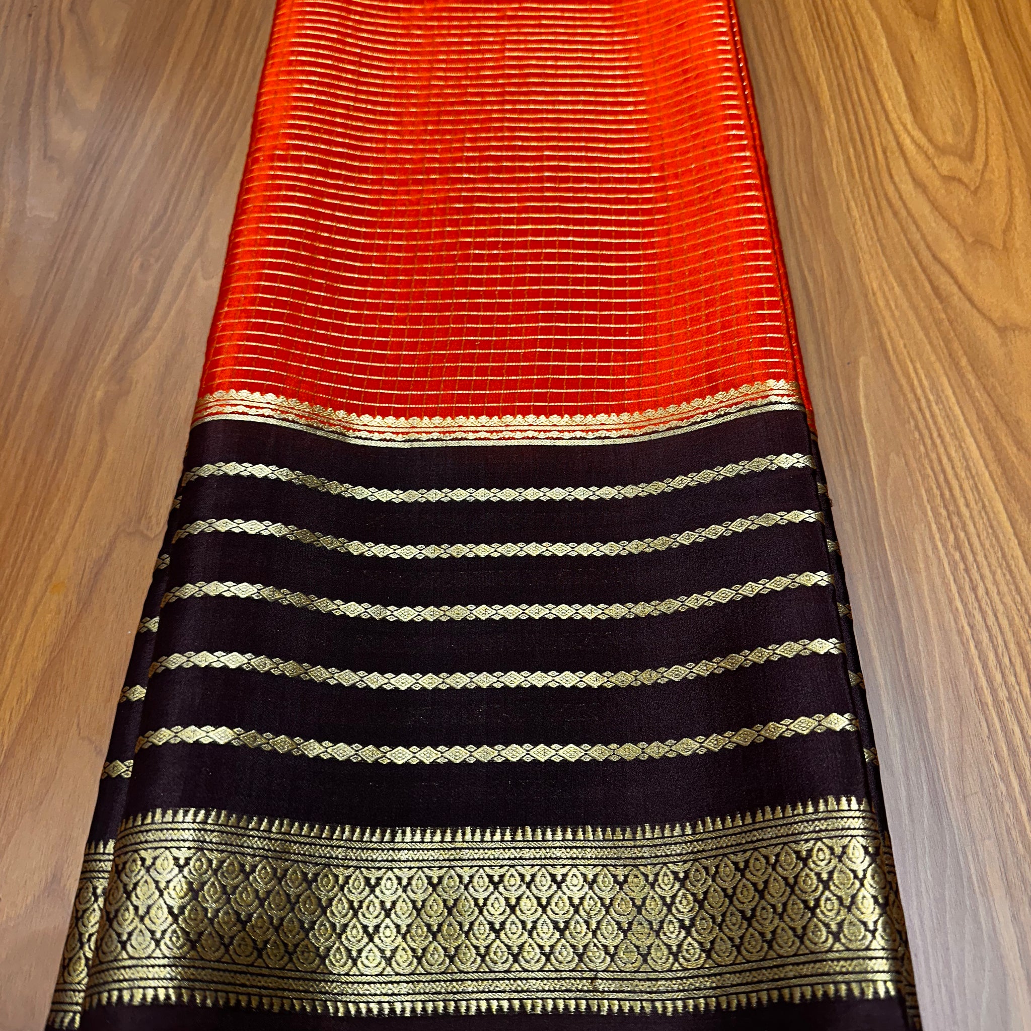 Pure crepe Mysore Silk orange with black
