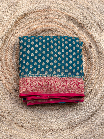 Peacock blue and red pure khadi georgette sarees