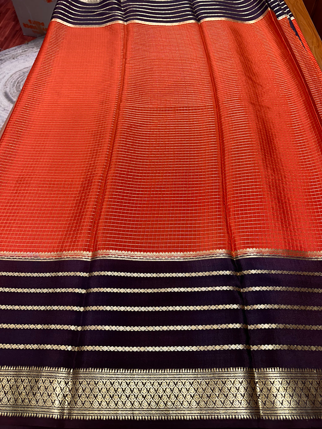 Pure crepe Mysore Silk orange with black