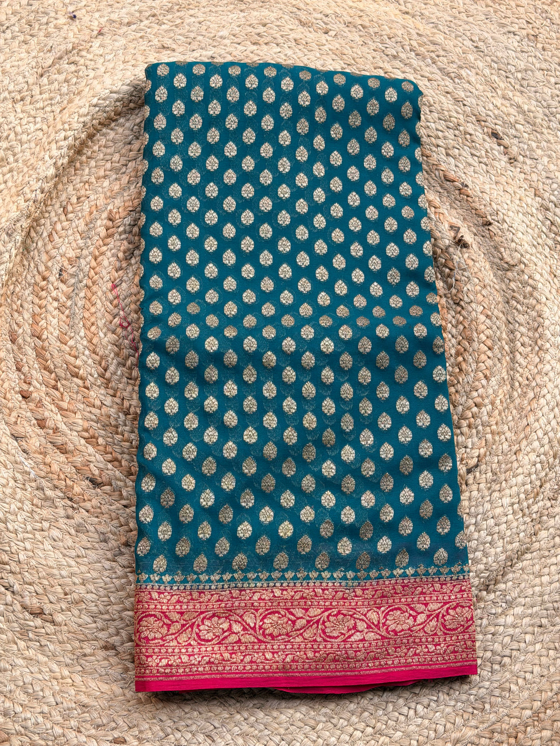 Peacock blue and red pure khadi georgette sarees