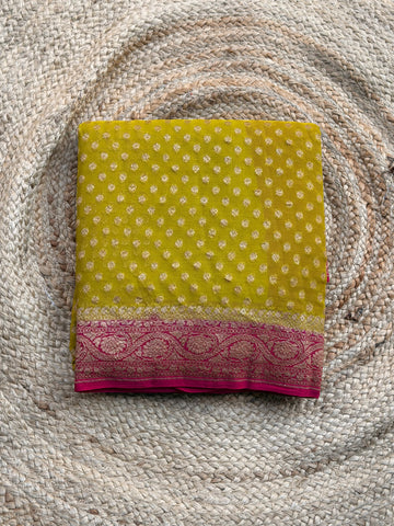 Neon green and pink pure khadi georgette sarees