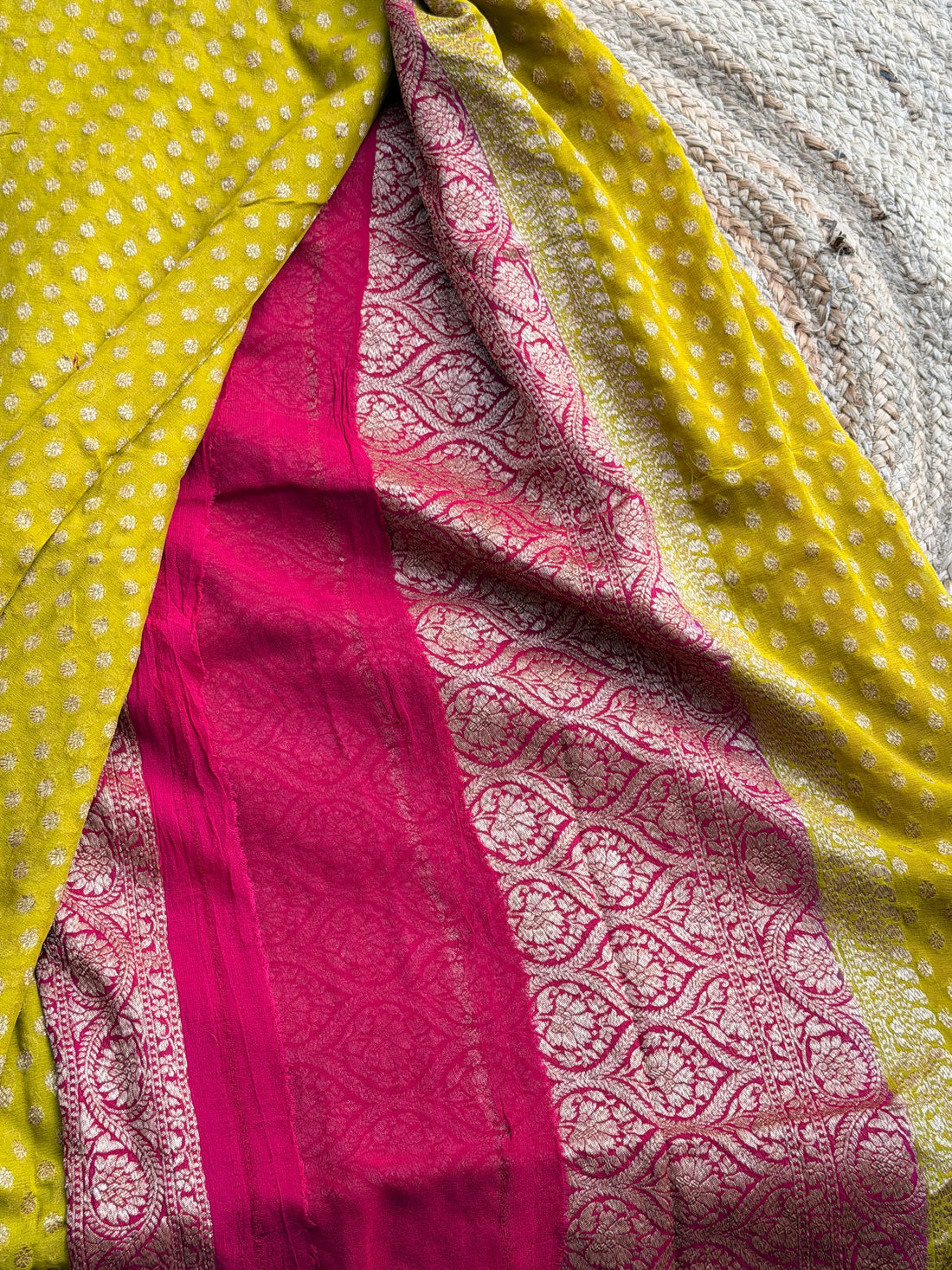 Neon green and pink pure khadi georgette sarees