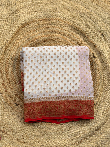 Half white and red pure khadi georgette sarees